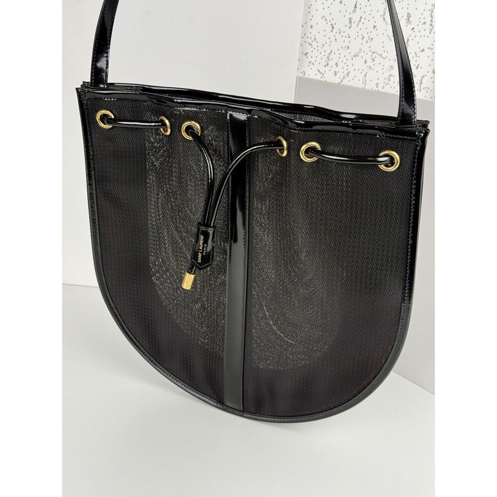 Saint Laurent Mesh Shoulder Bag Patent Black Leather